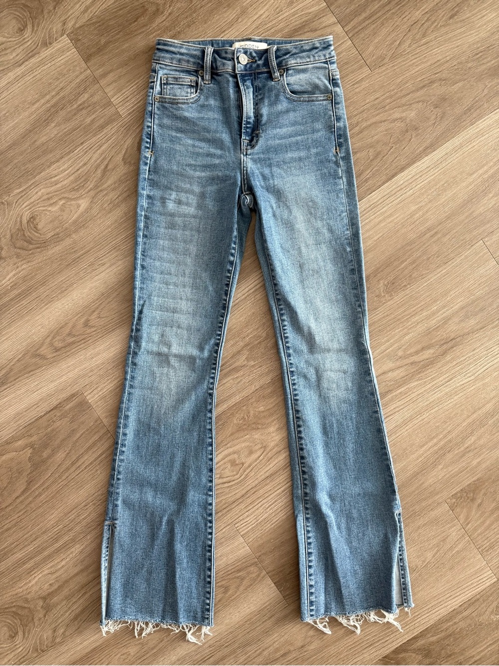 HIDDEN LA High-Rise Light Blue Flare Jeans with Frayed Hem